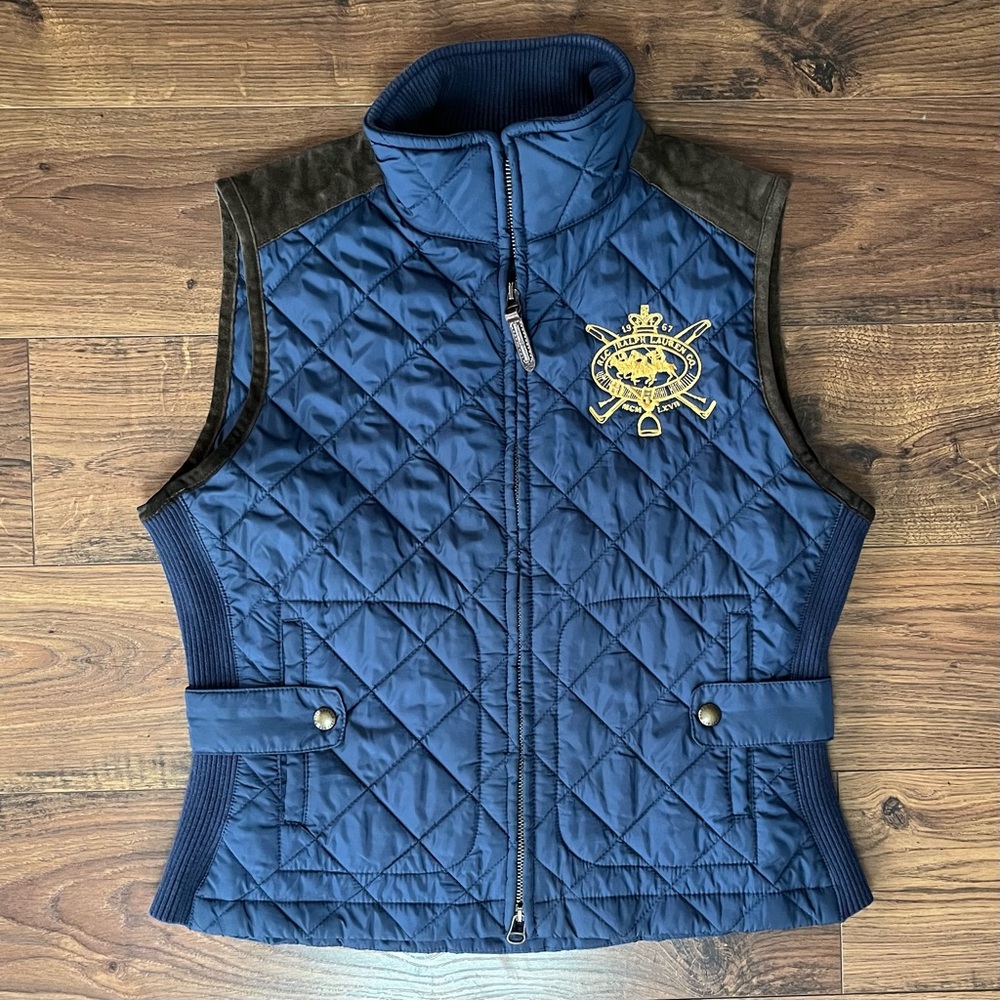 Ralph Lauren Sport Quilted Equestrian Vest Womens Large Blue Leather Trim Crest